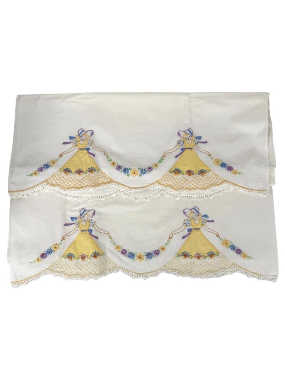 Pair VTG Hand Embroidered Scallop Crochet Edge Southern Belle Lady Design Set 2